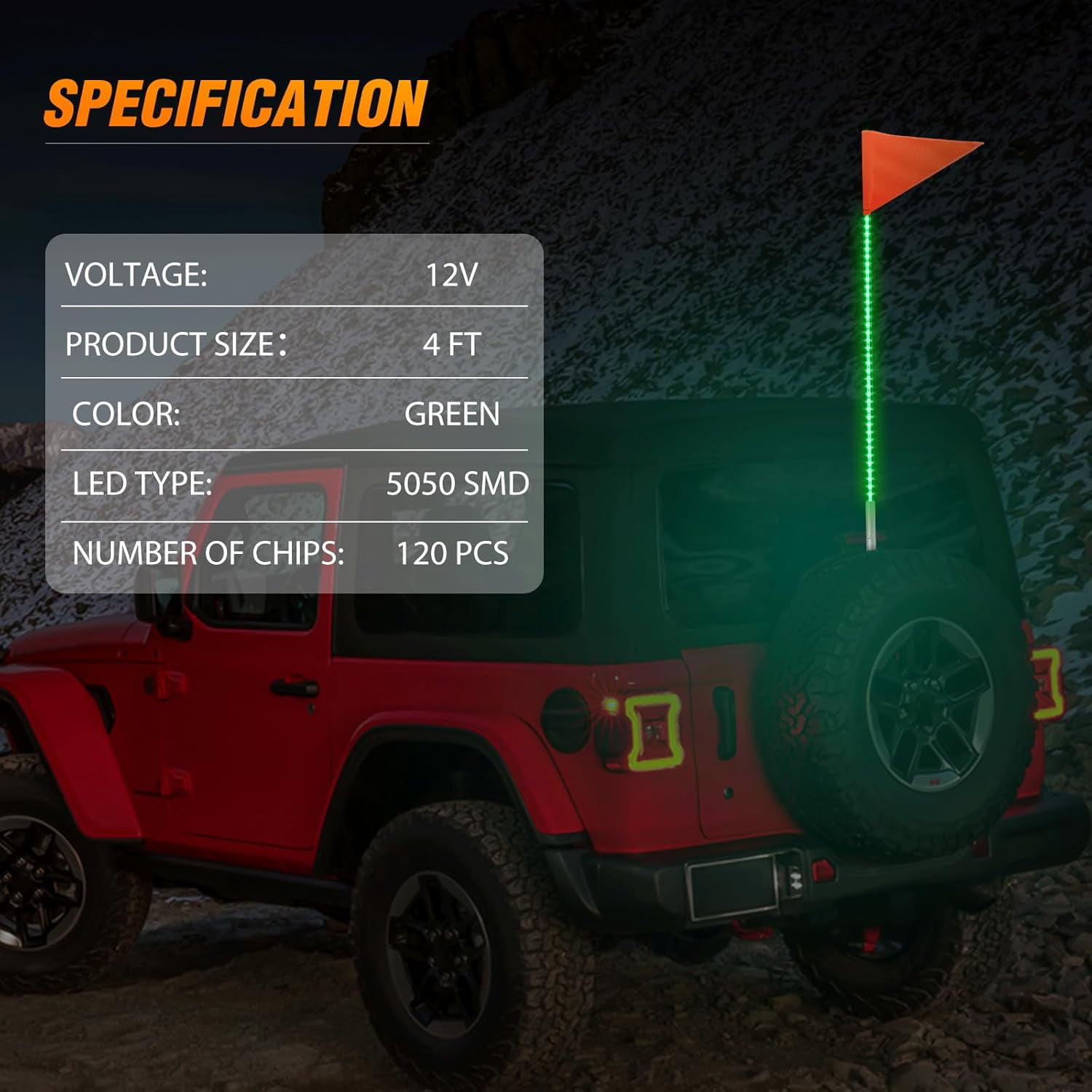 Nilight 1Pcs 4FT Led Whip Light with Aluminum Base Green Color Safety Warning Pole Lighted Antenna Whips for RZR Polaris Dune Buggy Off-Road Truck UTV ATV