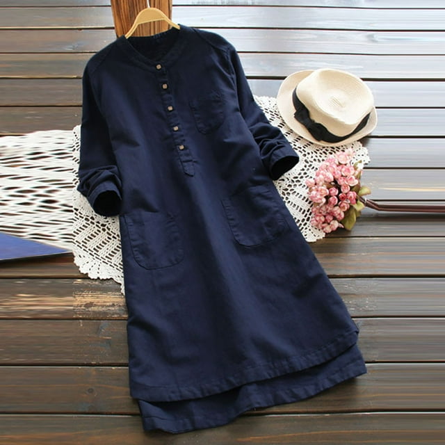 Robe à Manches Longues pour Femmes Robe Rétro Décontractée à Manches Longues Boutons Hauts Blouse Mini Chemise Robe Longue Décontractée pour Femmes Robe Longue pour Femmes Hauts à Manches Longues Décontractés pour Femmes
