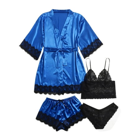 

VBXOAE Women Silk Satin Pajamas Set 4pcs Lingerie Floral Lace Cami Sleepwear with Robe Sexy Lingerie Sleepwear