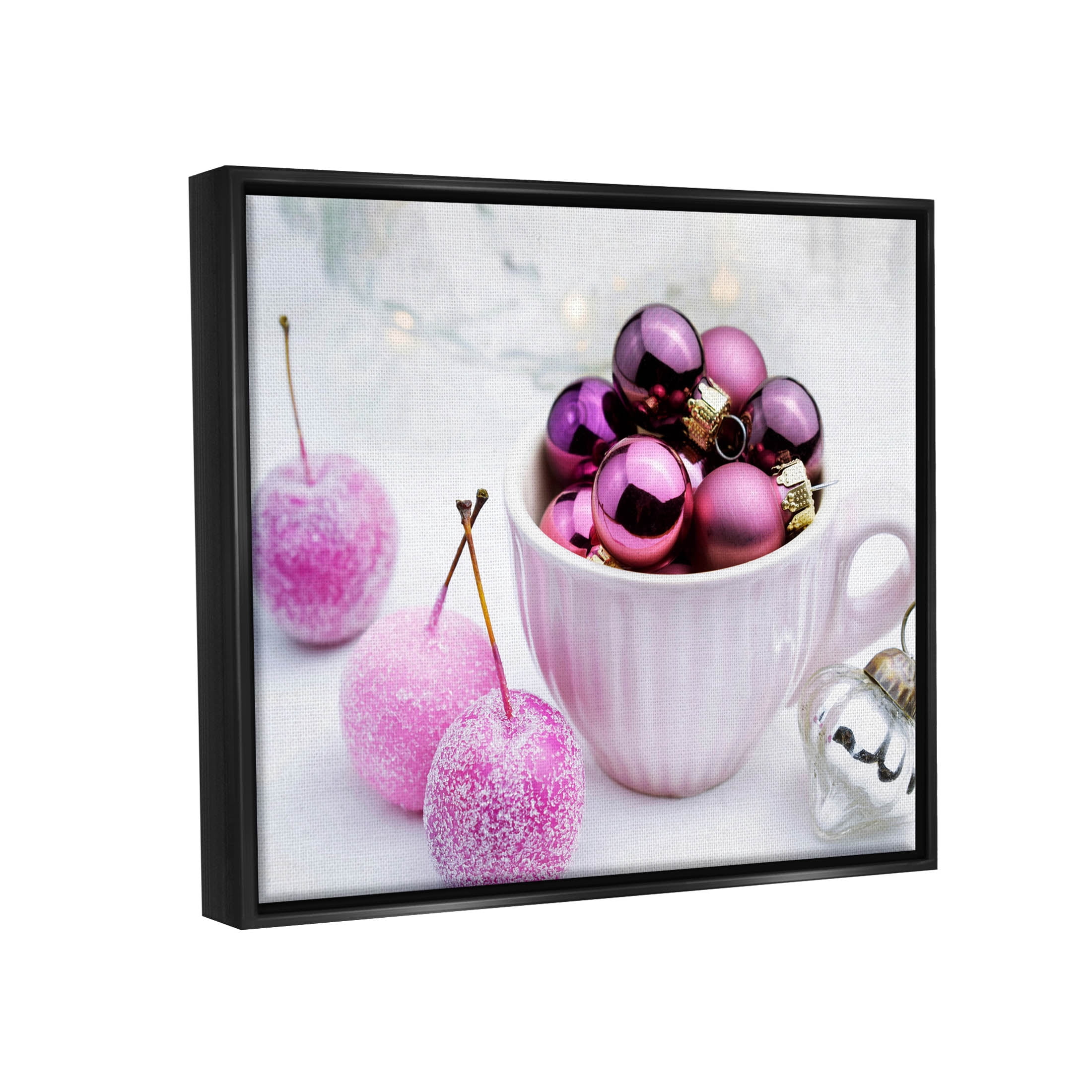 Glimmering Pink Christmas Ornaments Holiday Photograph Jet Black Framed Art Print Wall Art