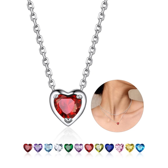 Suplight Silver Necklace for Women 925 Sterling Silver Birthstone Love Heart Necklace
