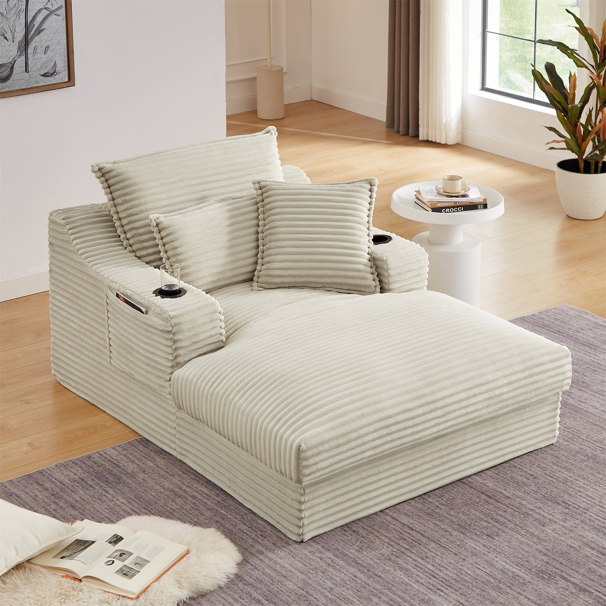 Aukfa 68" Oversized Chaise Lounge Boneless Couch with 2 Cup Holder&Side Pocket, 3Pillows, Corduroy, Camel