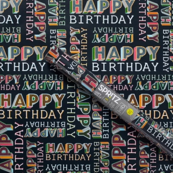 96"x30" 'Happy Birthday' Gift Wrapping Paper Black