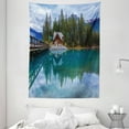 thumbnail image 1 of Nature Tapestry, Canadian Emerald Lake Scenery with a Wooden Cottage House Country View, Wall Hanging for Bedroom Living Room Dorm Decor, 60W X 80L Inches, Petrol Blue Olive Green, by Ambesonne, 1 of 2