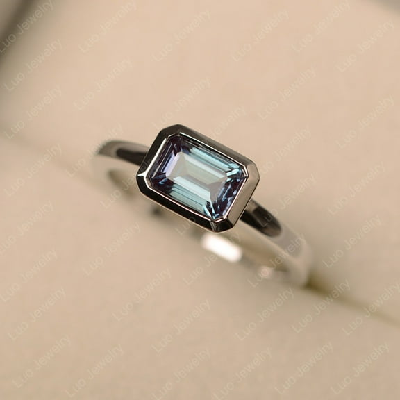 Unique bezel set engagement ring, Alexandrite east-west ring, color changing gemstone,June birthstone