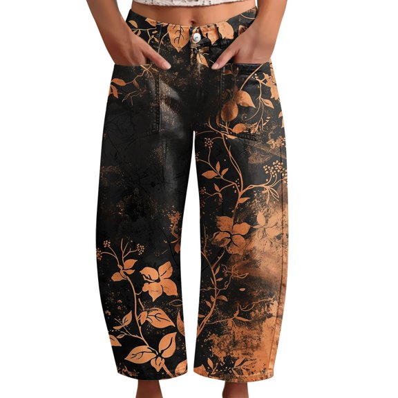 kaondbfi Women's Print Cropped Pants High Waist Button Fly Casual Loose () Fabric Baggy Trousers with Pockets for Summer