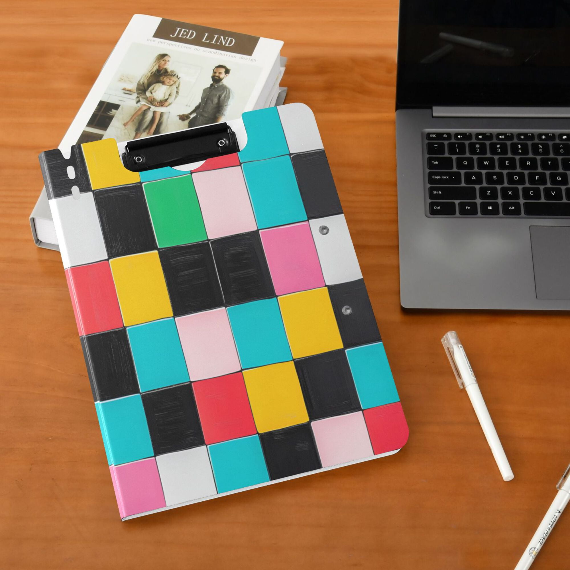 FORMRS A4 Clipboard Folder with Pen Holder Horizontal Foldable School Office Binder, Blue Checkered Pattern