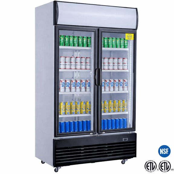 36" Commercial Double Glass Door Display Refrigerator, Upright Beverage Cooler with LED Lighting, Adjustable Shelves, Fan Cooling System, NSF & ETL Certified for Restaurant, Store & Café