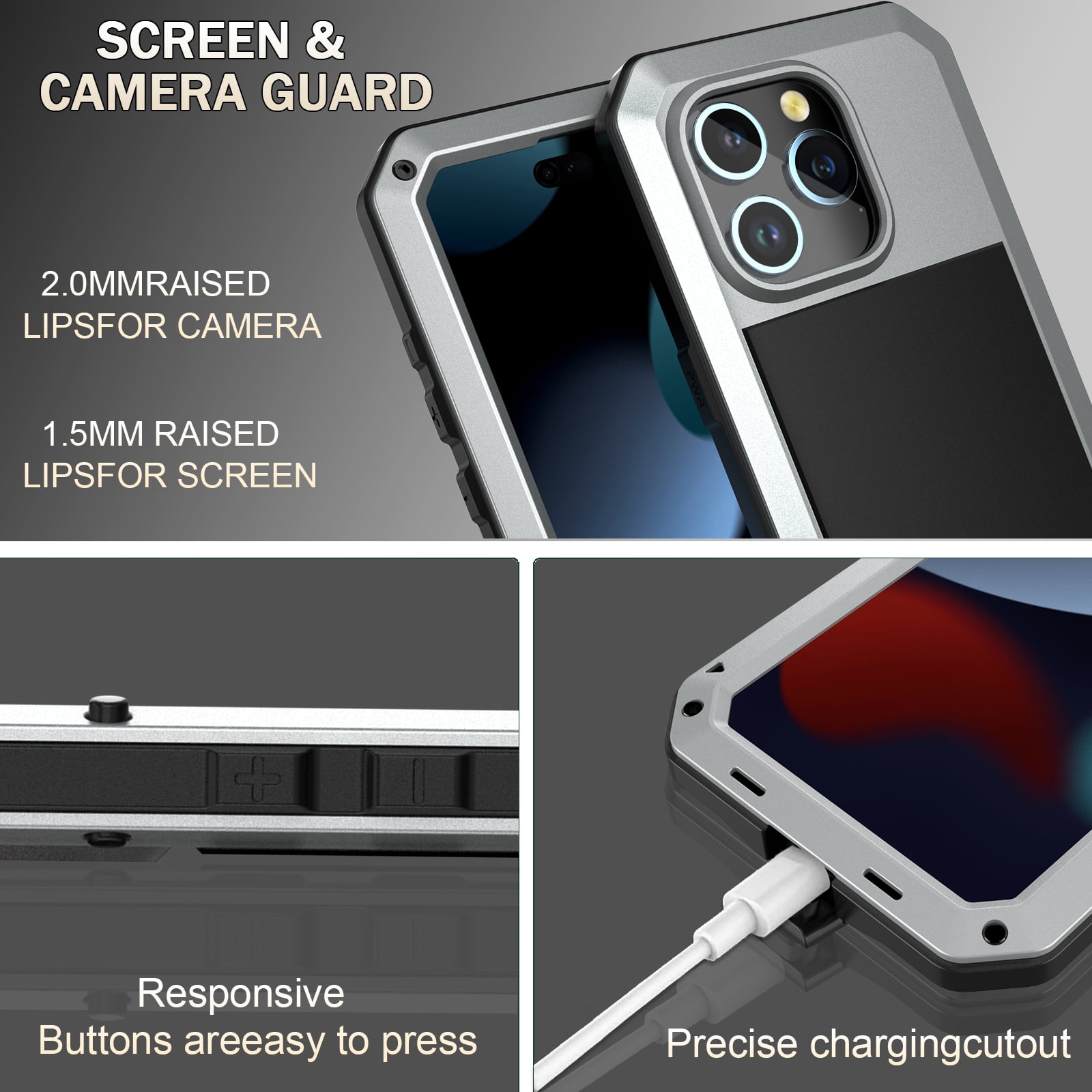 ELEHOLD for iPhone 15 Plus Armor Case, Outdoor Sports 360° Full Body Protective Cover with Tempered Glass Screen Protector Heavy Duty Shockproof Rugged Metal Case for iPhone 15 Plus, Silver