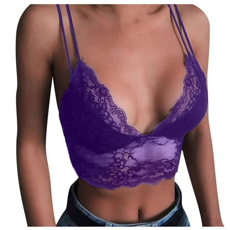 

DNDKILG Cami Strap Longline Bra for Women Lace V Neck Plus Size Bralettes Purple S