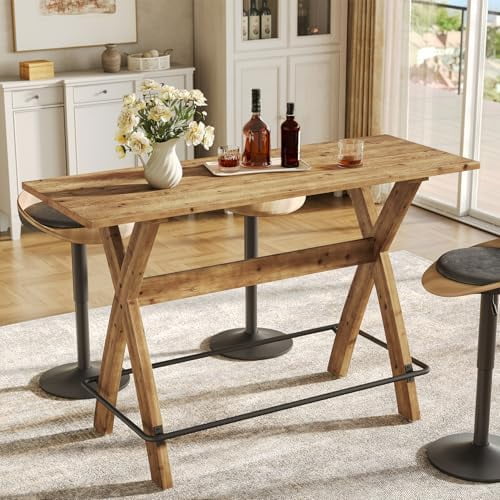 Solid Wood 63" Bar Table, Rectangular Industrial Counter Height Coffee Bar Cocktail Table with Footrests and Sturdy Legs for Home Kitchen, Bistro, Dining Room, Living Room, Light Brown$$Furniture