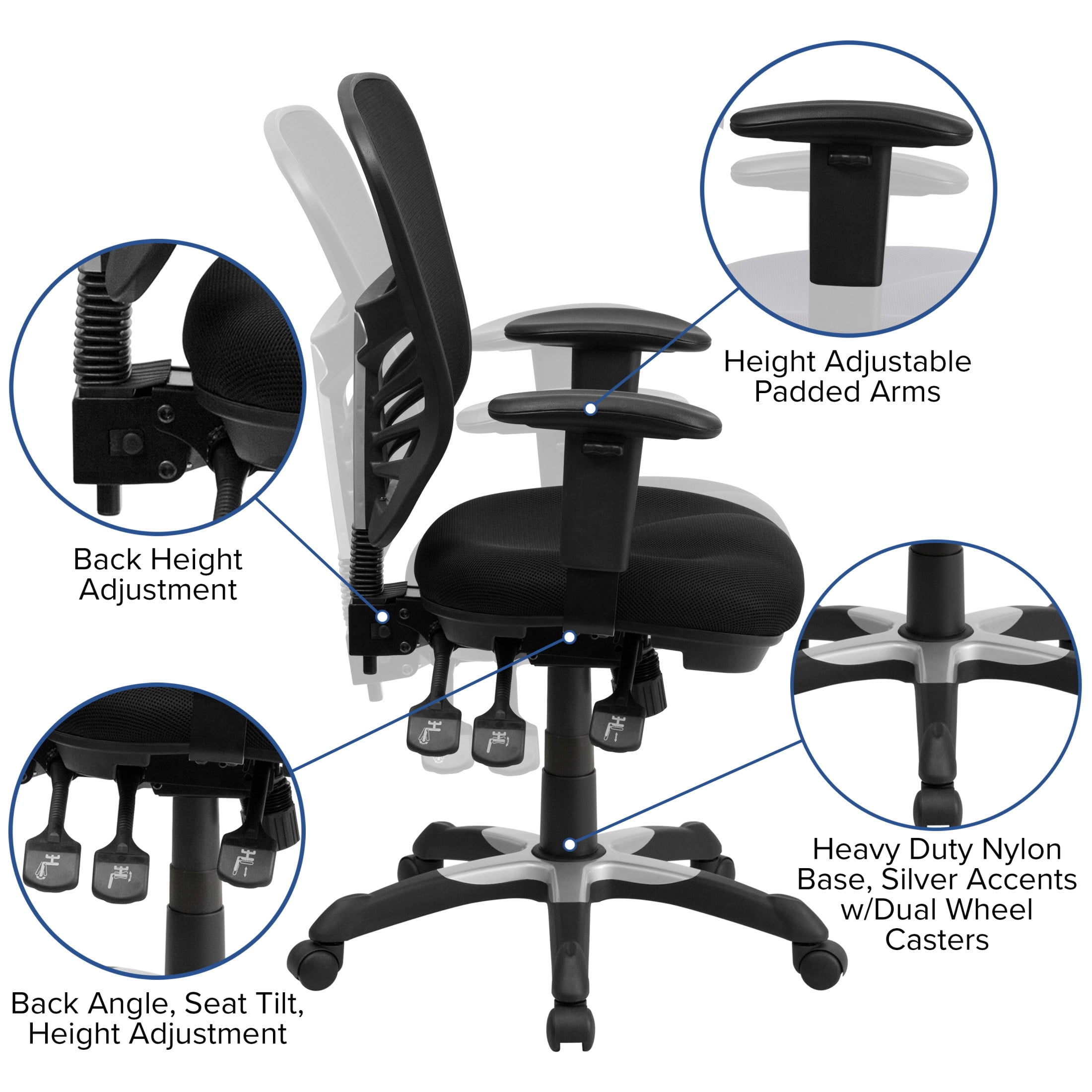 Emma + Oliver Mid-Back Black Mesh Multifunction Ergonomic Office Chair with Adjustable Arms