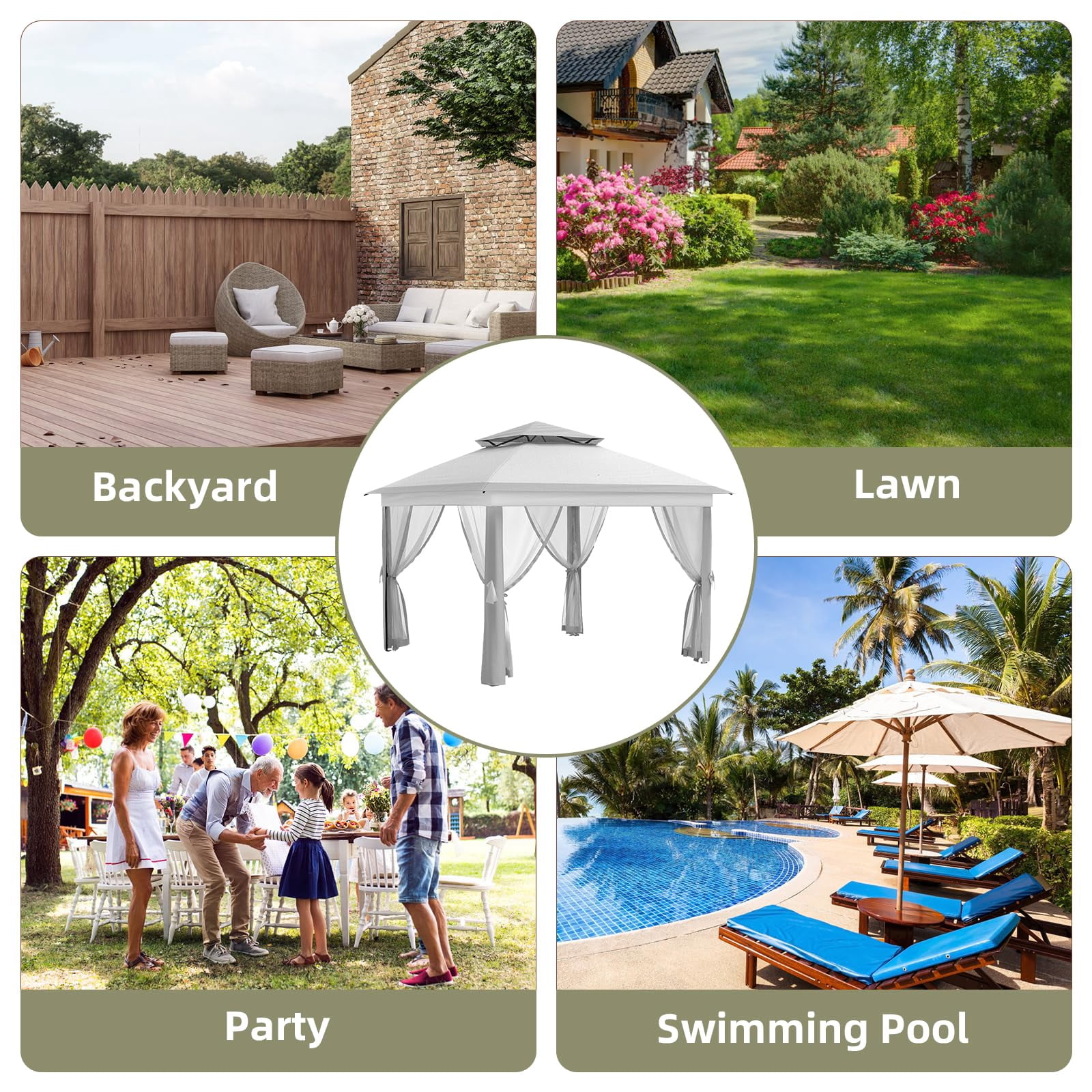 11x11 ft Outdoor Gazebo, Heavy Duty Gazebo with Sturdy Metal Frame & Double Roofs, Patio Shelter with Mosquito Netting, Ideal for Backyard, Garden, Lawn, Deck, Light Grey