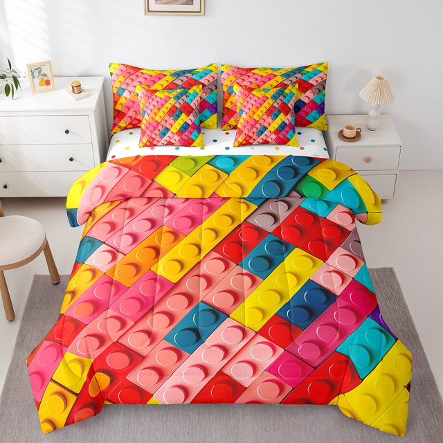 Colorful Bricks Bed in a Bag King 7 Pieces,Building Blocks Comforter Set Reversible Gradient Watercolor Geometry Brick Design,Soft Breathable Bedding Sets with Comforter,Sheets,Pillowcases & Shams
