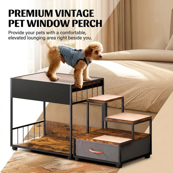 Pet Step Window Perch for Dogs and Cats, 47.2 in Multi-Level Bedside Pet Stairs with Storage Drawer, Non-Slip Pad, Vintage Brown