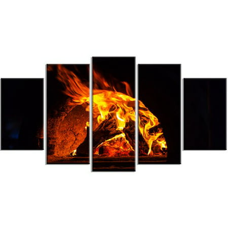 Design Art 'Wood Stove with Fire and Blaze' 5 Piece Photographic Print on Wrapped Canvas