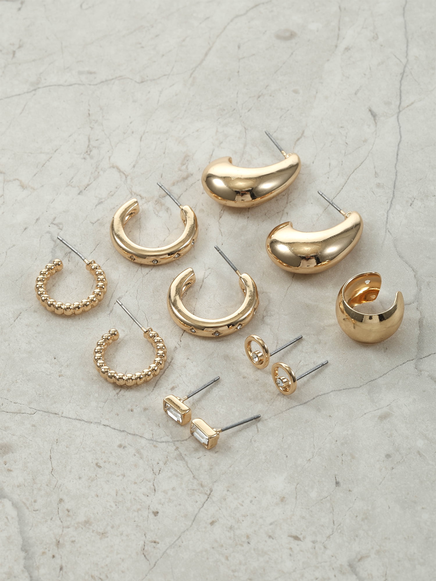 No Boundaries Gold-Tone Earrings Set with Studs, Mini Hoops and Ear Cuff, 5-Pairs, Women’s