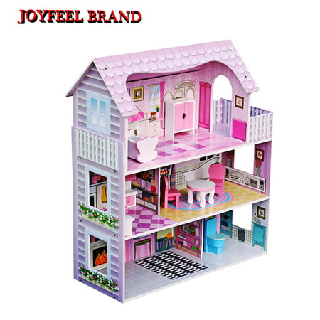 JOYFEEL Large Children's Wooden Dollhouse Kid House Play Pink with Furniture Best Gifts for Kids Wooden