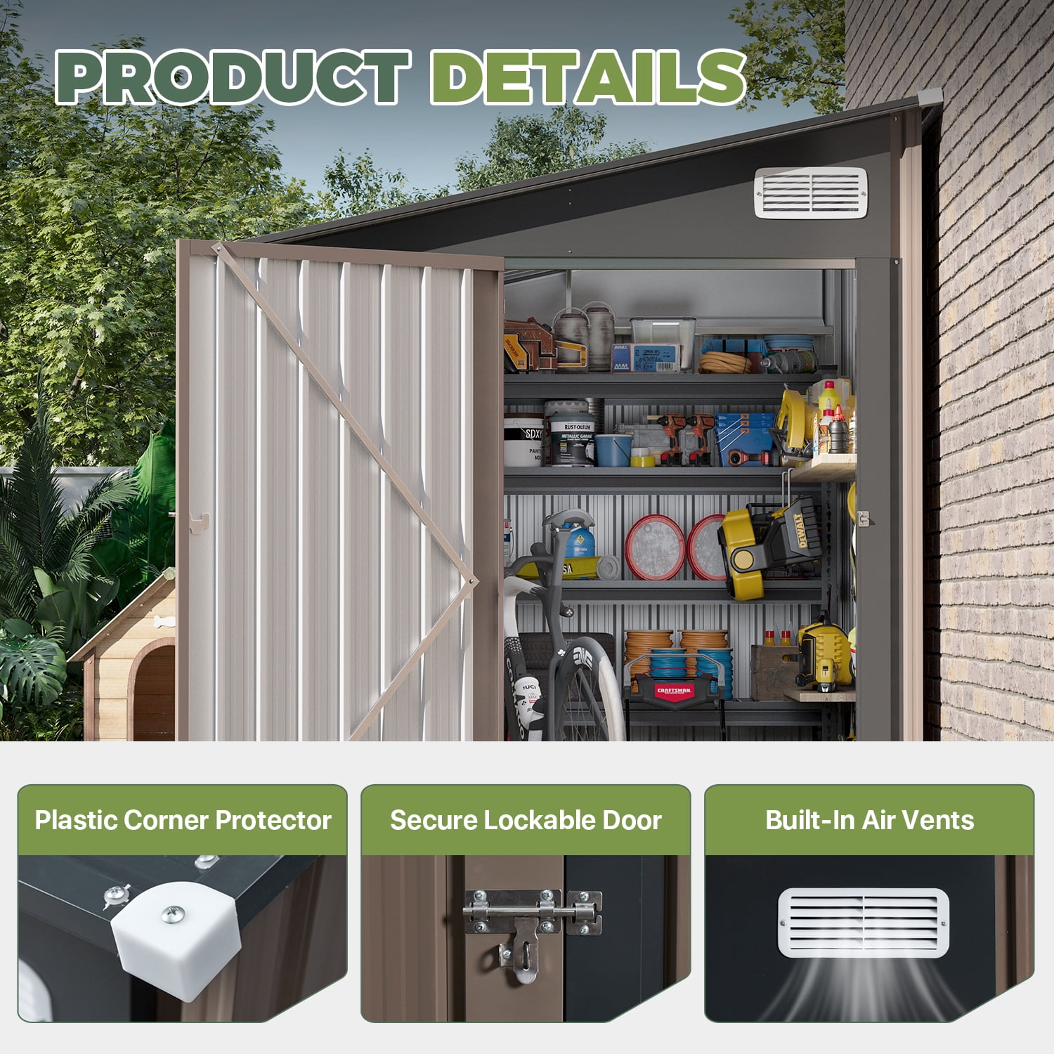 BaPiPro 8x6 ft Outdoor Metal Storage Shed, Lean-To Shed with Lockable Door, Garden Tool Shed for Patio, Backyards, Brown