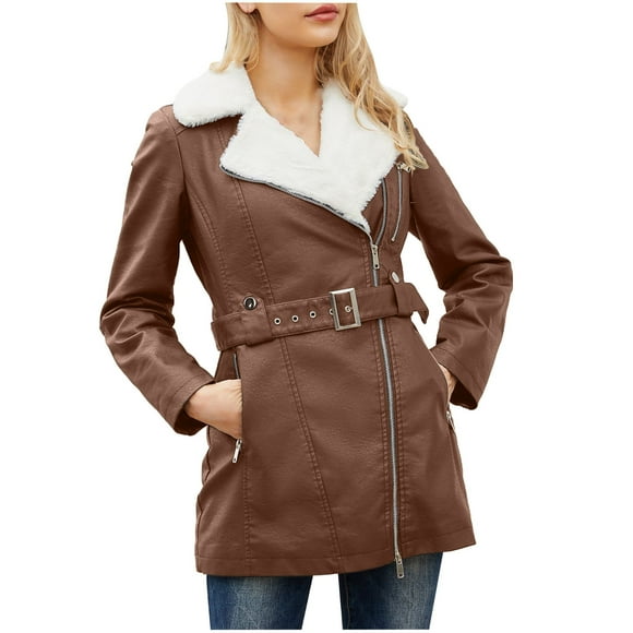 AherBiu Fleece Lined Jackets for Women Leather Winter Coats for Women Zip up Belted Waist Outwear