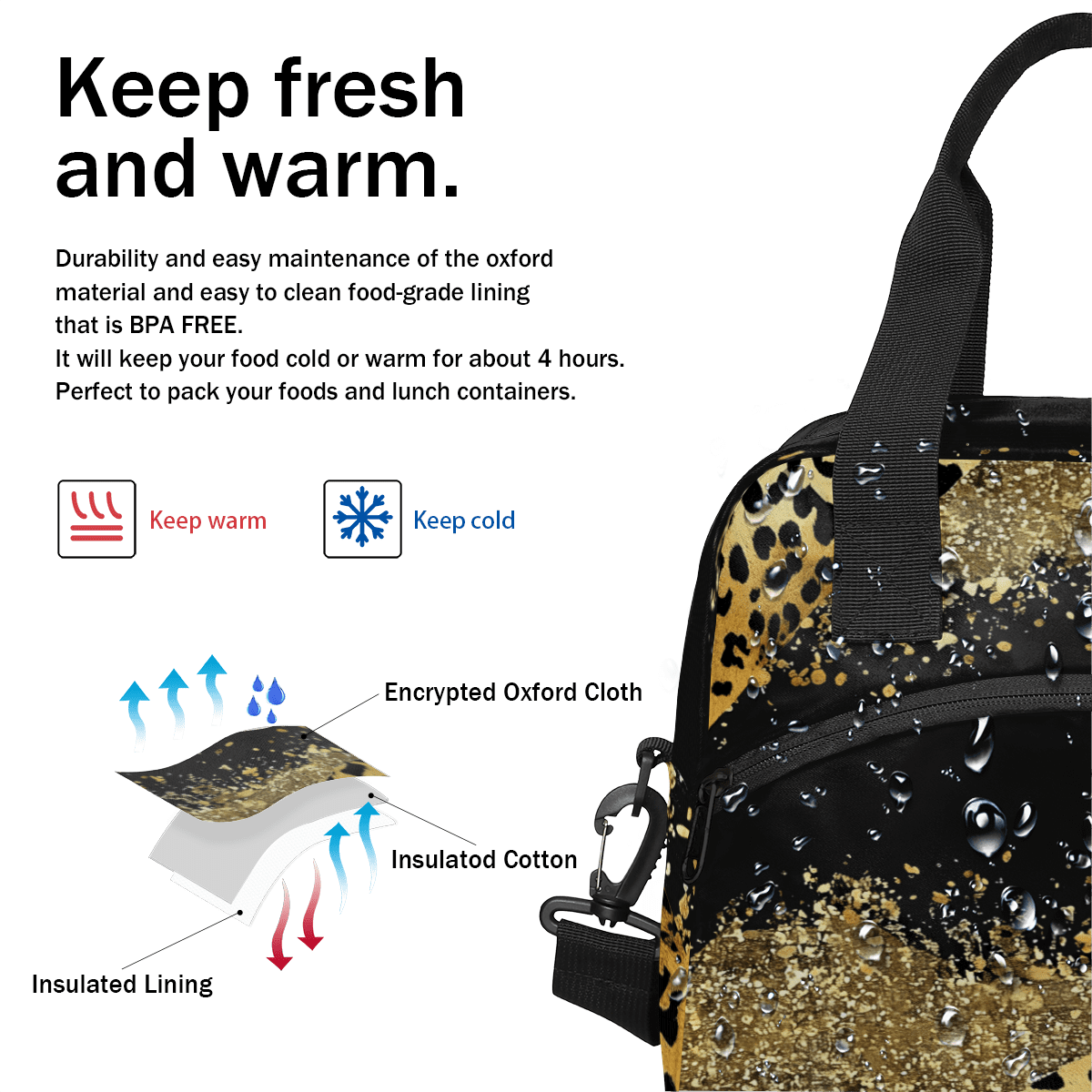 Herdesigns Brown Leopard Cheetah Insulated Lunch Bag for Women Men Adults Large Reusable Lunch Box Leakproof Portable Cooler Tote Bags with Adjustable Shoulder Strap