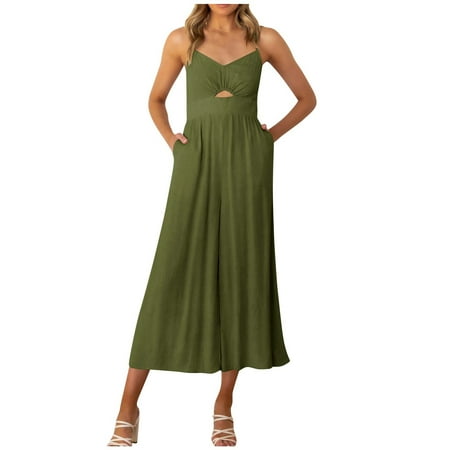 

Womens Jumpsuit Clearance Solid Bib Pants Coverall Bodysuit One-Piece Leotard Stretchy Pants for Women Short Bodysuit for Women Green Xl