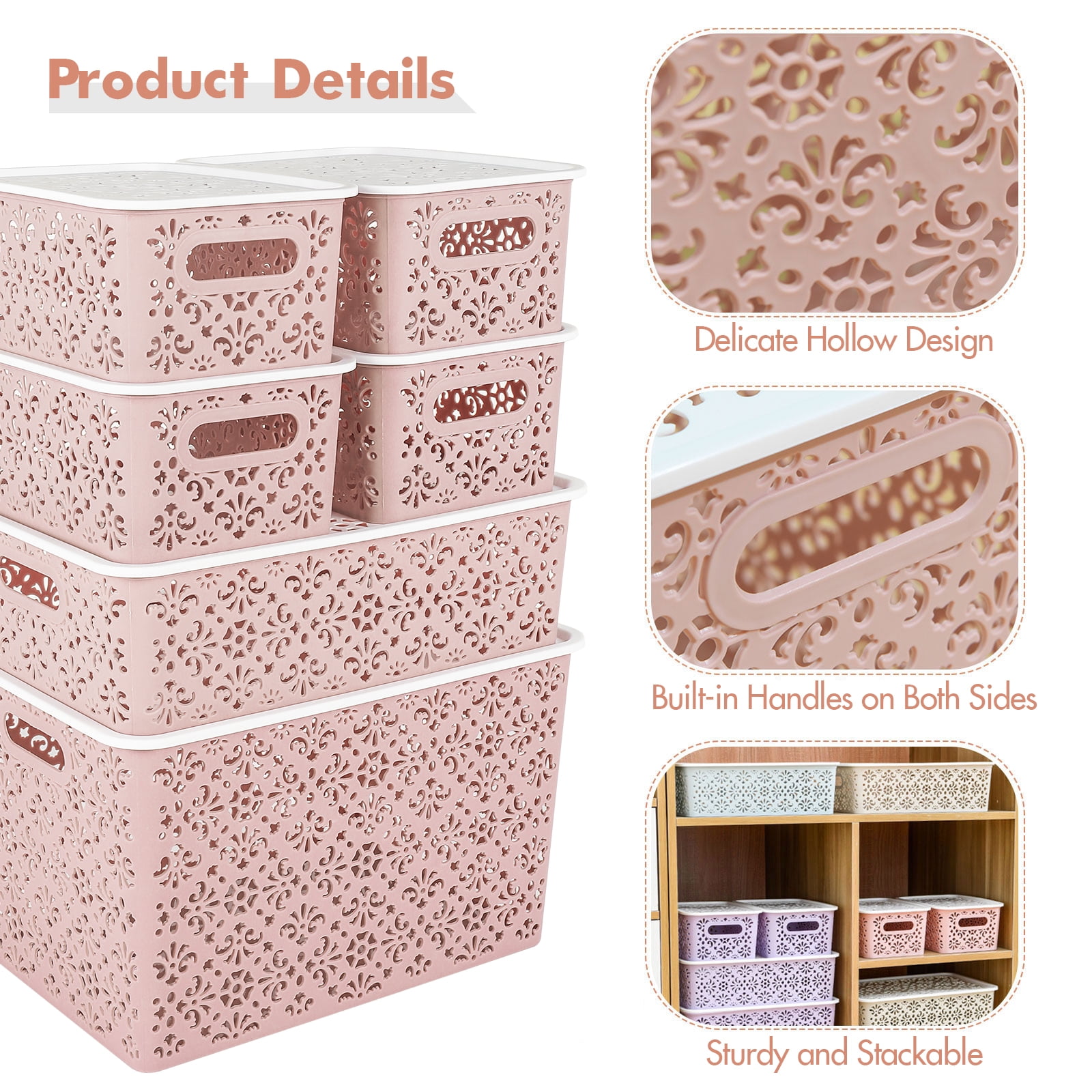 Set of 6 Stackable Lace-Design Storage Bins Plastic Home Organizer Container with Lids for Bathroom Closet Crafts, Pink