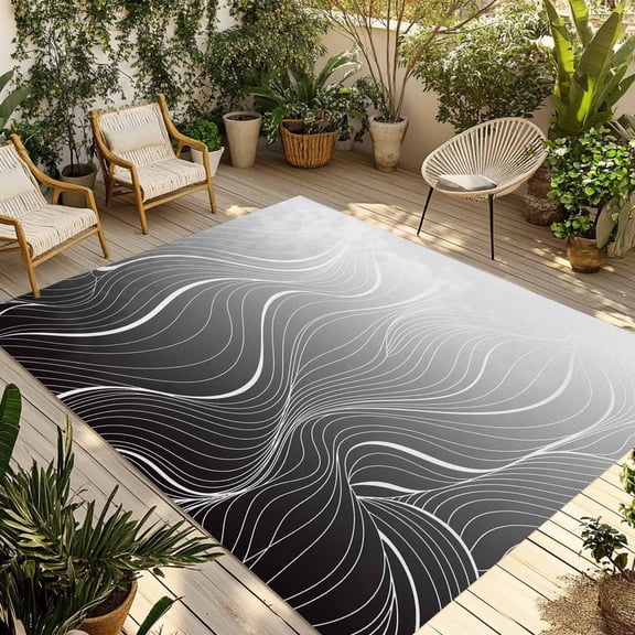 Black Geometric Outdoor Rug 6x9 Ft - Reversible Patio Rug Outdoor Camping Rugs, Modern White Stripe Abstract Distortion Art Indoor Outdoor Area Rugs, Non-Slip Outdoor Carpet Runner for Deck/Porch