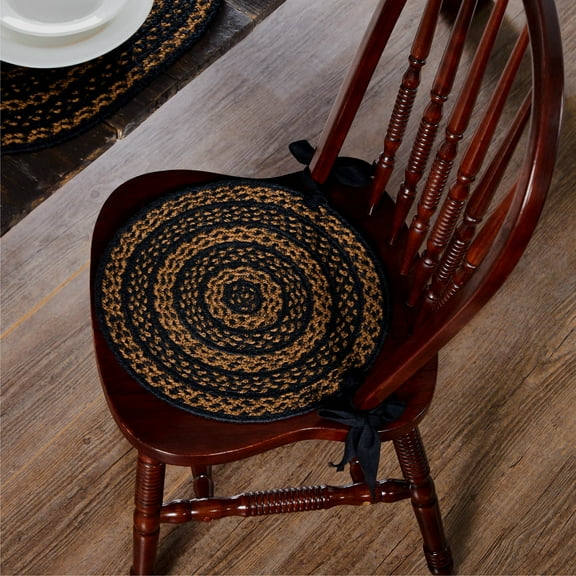 VHC Brands Black & Tan Primitive Chair Pad Seat Cushion, Round, Braided Jute, 15 inch