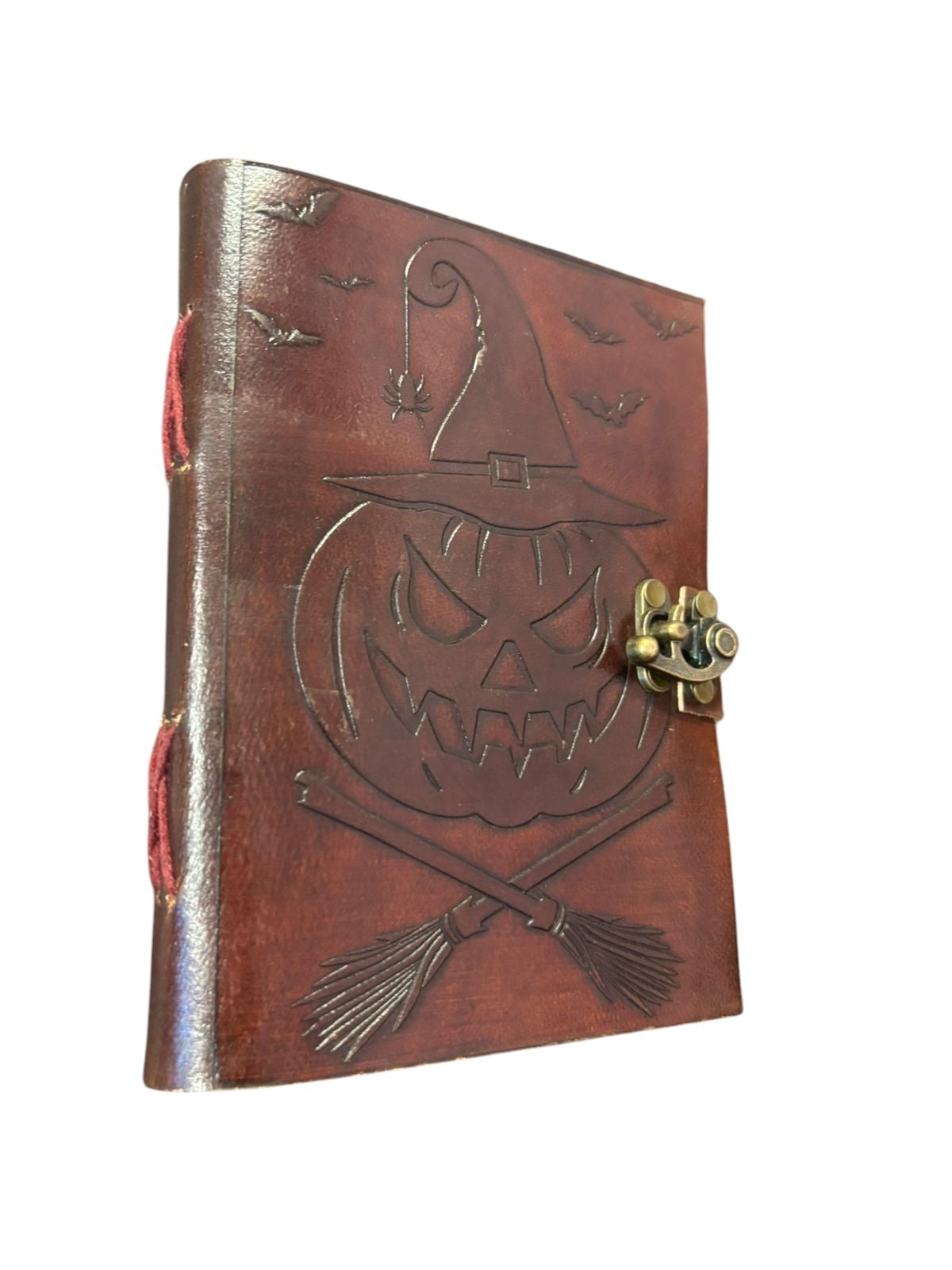 Handmade Leather Journal Halloween Pumpkin Design – Vintage 5x7 Inch Sketchbook with Drawing Paper & Metal Lock Closure
