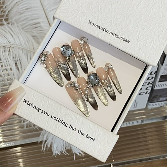 Fake Diamond Handmade Press on Nails for Women Prom Birthday Extra Long Stiletto Black and Silver Fake Nails