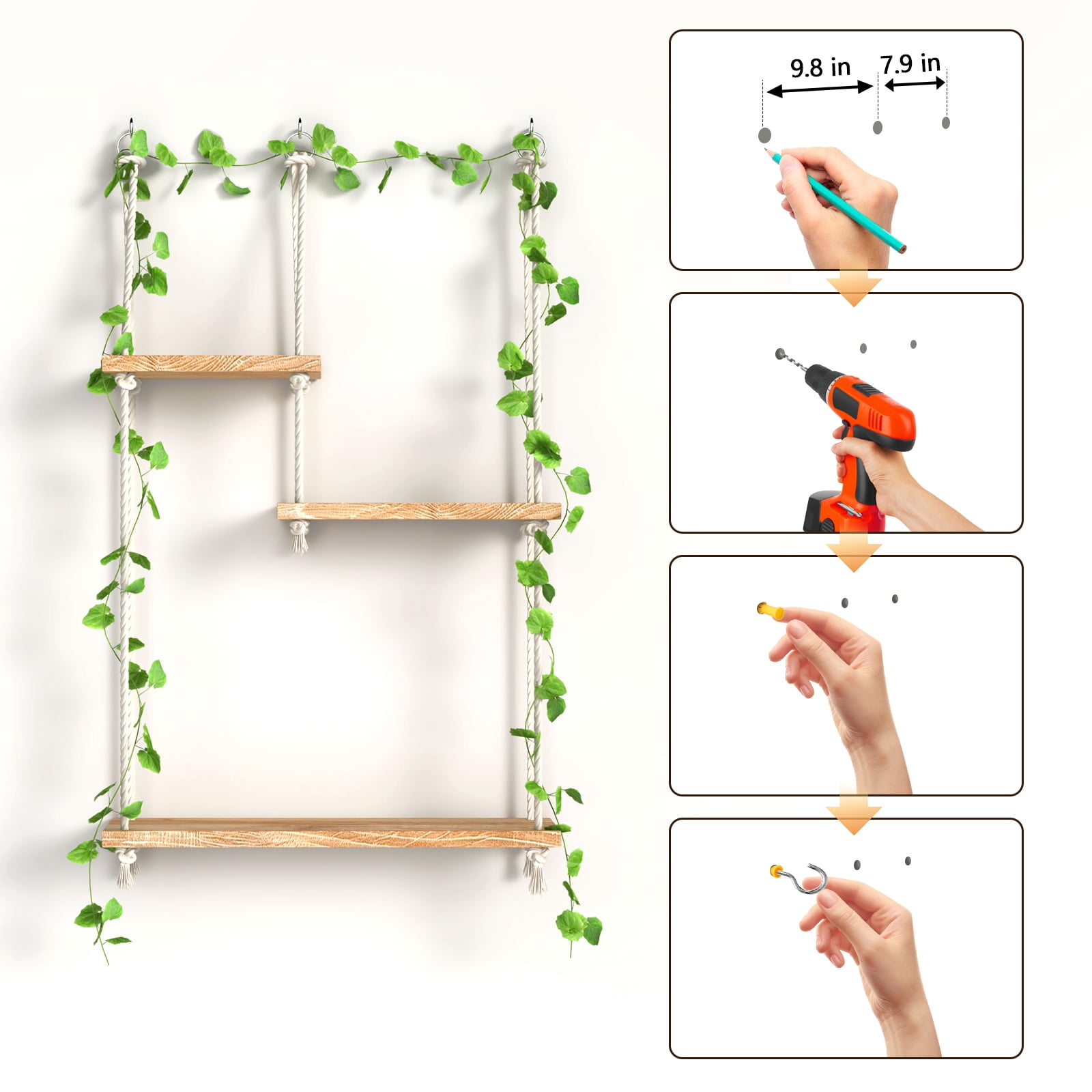 FKS LIFE Hanging Shelves Boho Decorative Wood Sheves for Wall Hanging, Hanging Plant Shelf with Lights Floating Swing Storage Shelves, Indoor Wall Shelf Adjustable Rope