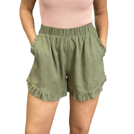 ZPYESWOW Summer Linen Pants for Women Women Casual Shorts Comfy Elastic Waist Summer with Pockets Cotton Linen Wide Leg Shorts Tummy Control Biker Shorts Green S