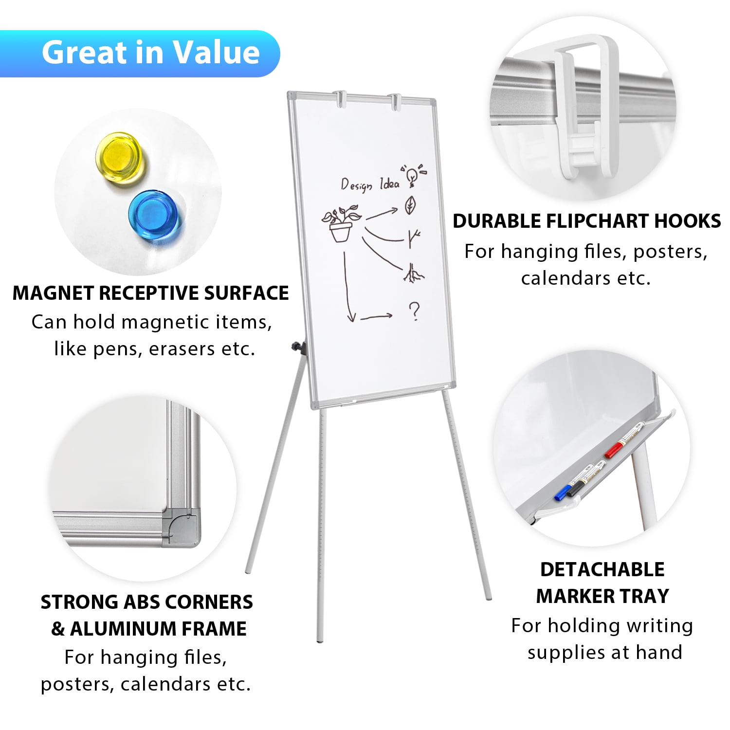 Stand White Board - 36 x 24 Inch Double Sided Magnetic Dry Erase Board with  Stand Height Adjustable, 3' x 2' Flip Chart Easel Stand Portable