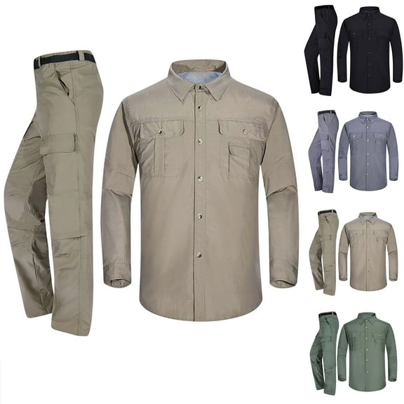 YHAJDS Men's Winter Casual Set,Men Outfit Sets 2 Piece Sets For Men Fall Winter Outfit Sets Long Sleeve Button Down Detachable Outdoor Quick Dry Jacket And Pants Set Solid Color Work Wear