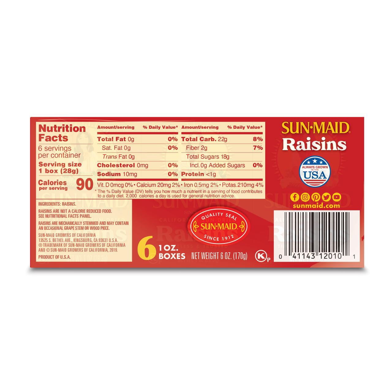 (4 pack) Sun-Maid California Sun-Dried Raisins 6-Pack/1oz Cartons