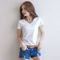 thumbnail image 4 of Women Summer T-shirt V-neck Short Sleeve Slim Fit T-shirt Solid Color Pullover Tops Stretchy Bottoming Shirt Streetwear-White 1,S, 4 of 8