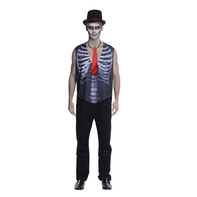 set de accesorios way to celebrate esqueleto para halloween juego de accesorios para adultos: chaleco sin mangas estampado de esqueleto blanco y gris sobre fondo negro, corbata roja y sombrero bombín negro con borlas, modelo de cuerpo entero sobre fondo blanco; accesorio práctico para fiestas y complemento de disfraz sin limitar la movilidad, también suele usarse como detalle temático para eventos informales.