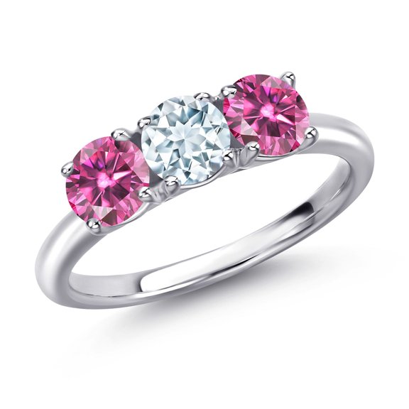 Gem Stone King 925 Sterling Silver Sky Blue Aquamarine and Pink Moissanite Engagement Ring for Women | 1.50 Cttw | Round 5MM | Gemstone March Birthstone | Size 5