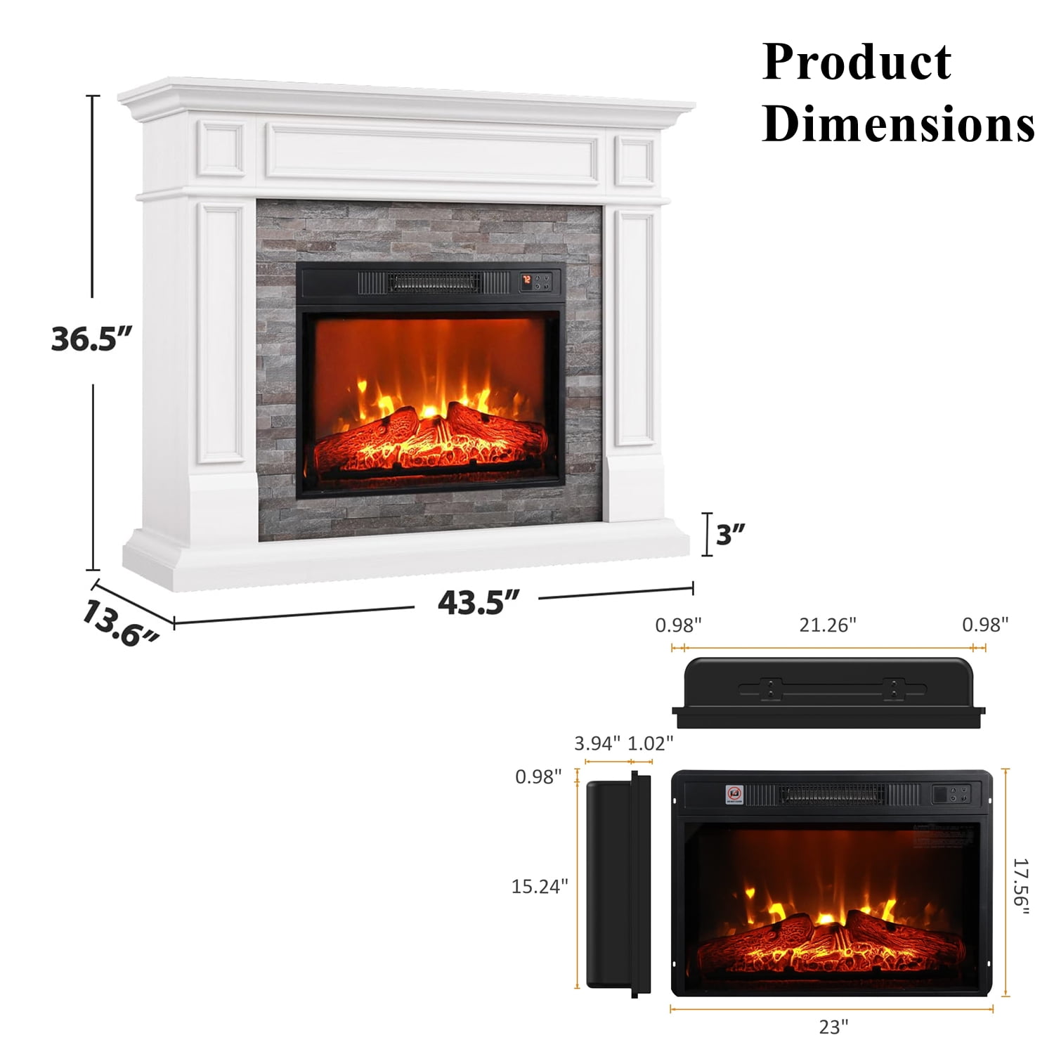 HolliWill Electric Fireplace with Mantel, Fireplace Heater with Stacked Stone Surround Firebox, Infrared Quartz Heater with Adjustable Led Flame, White