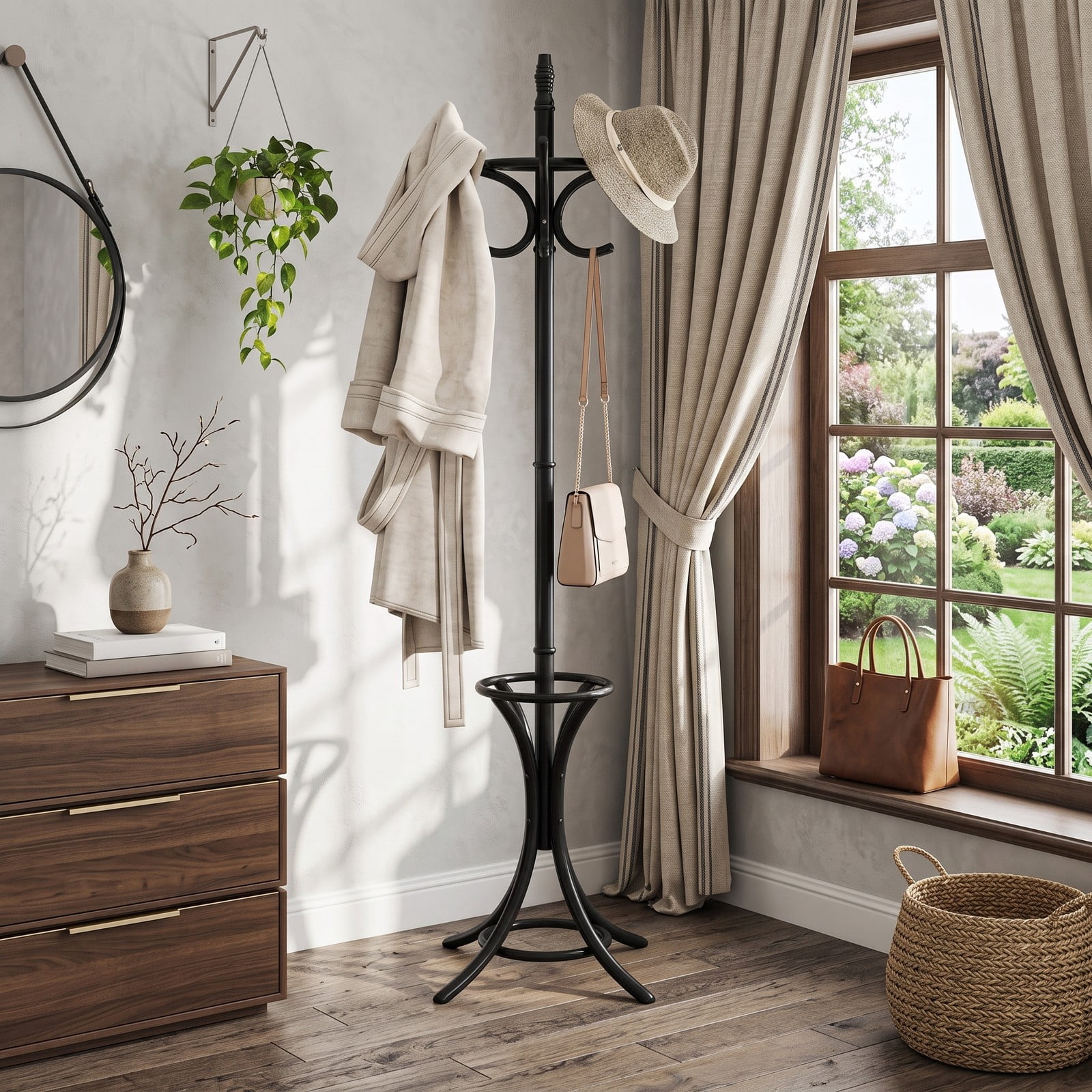 Furnibear Freestanding Wood Coat and Hat Rack Stand with Umbrella Stand Rotating Top and 12 Hooks for Entryway and Hallway, Black