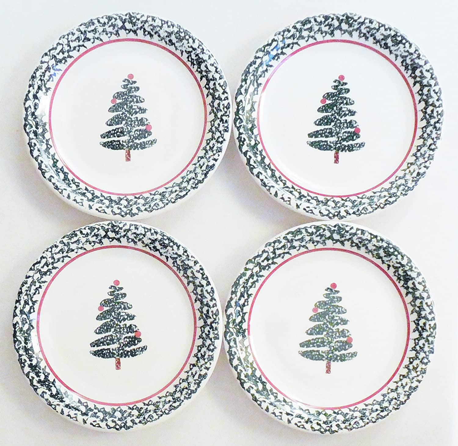 FURIO Holiday Christmas Tree Set of 4 Spongeware Dinner Plates 10-1/4” EUC! 