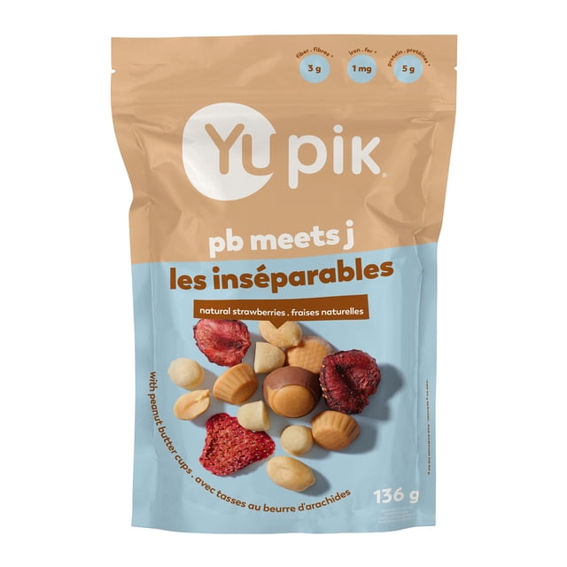 Yupik PB Meets J Mix, 136 g, Crunchy & Soft Snack, Peanut Butter & Jelly, Blend of Peanuts, Dried Strawberries, Peanut Butter Chocolate Cups & Shortbread Cookies, Sweet Trail Mix, Party Snacks