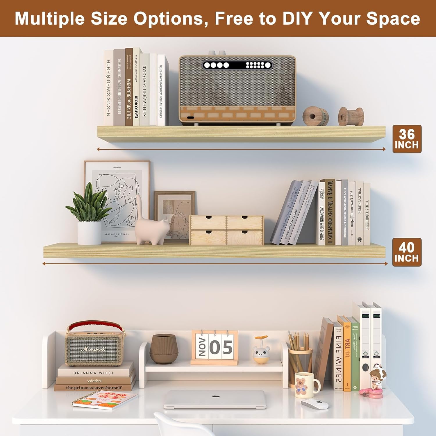 Dumekko 12 Inch Deep Floating Shelves for Wall, 40" W x 12" D x 1.2" H 1 Pack Floating Shelves Large Storage Space Wall Mount Shelf for Living Room, Kitchen, Bathroom, Oak