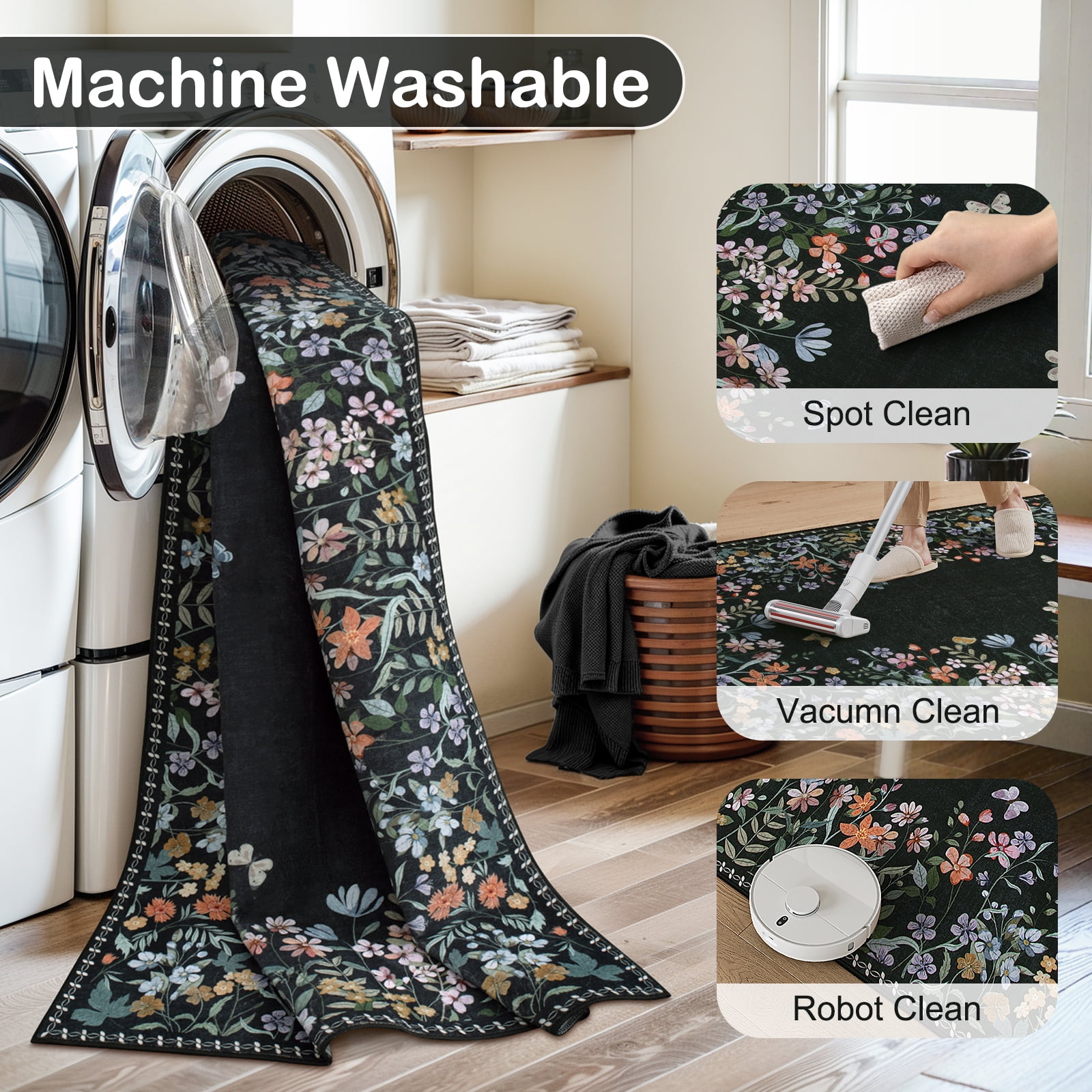 Wonnitar 4'x6' Floral Area Rugs for Living Room, Washable Rugs for Bedroom Stain Resistant Black Vintage Throw Rugs for Dining Home Office Room Sunroom, Soft Non Slip
