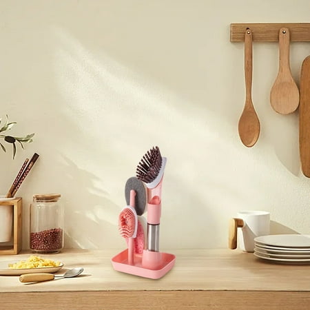 

Christmas Savings Feltree Home Essential Product Kitchen Can Add Dishwashing Liquid Long Handle Brush With 4 Brush Heads & Base Sponge TPR Wood Pulp Cotton Does Not Hurt The Pot