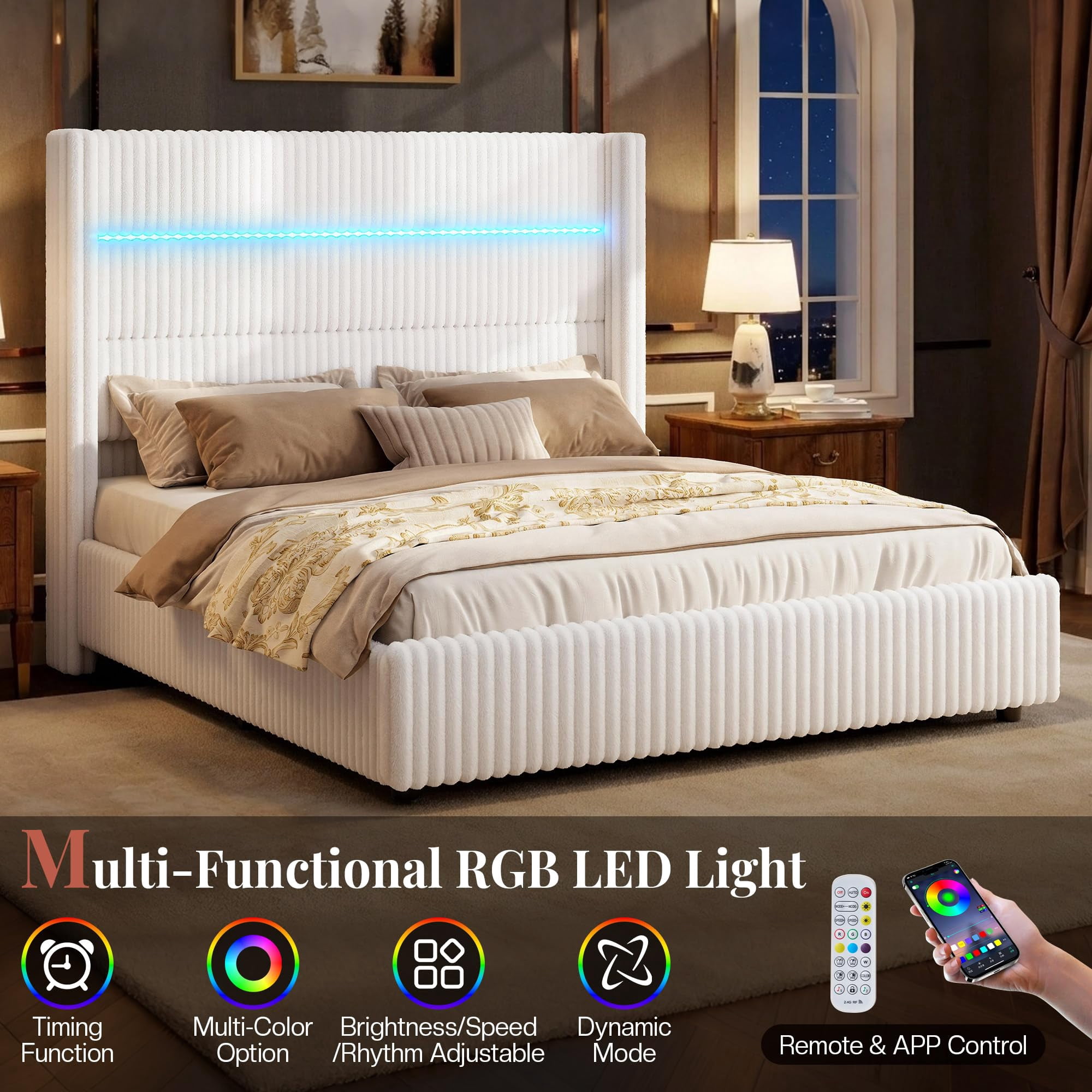 VanAcc 51.2" H Queen Size LED Bed Frame, Corduroy Upholstered Platform Bed with 4 Storage Drawers & Charging Station Wingback Headboard, White