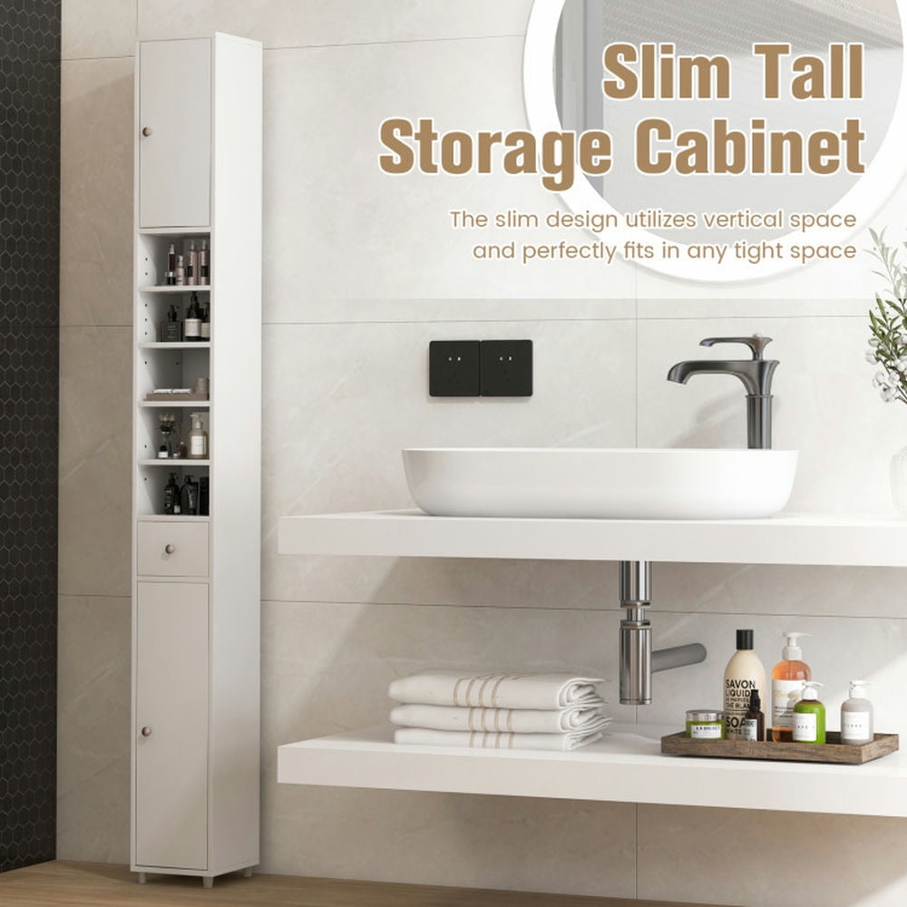Finihen Bathroom Storage Cabinet, Bathroom Floor Cabinet, Freestanding Slim Bathroom Cabinet with Drawer and Adjustable Shelves, for Bathroom, Living Room, Bedroom, Kitchen, White