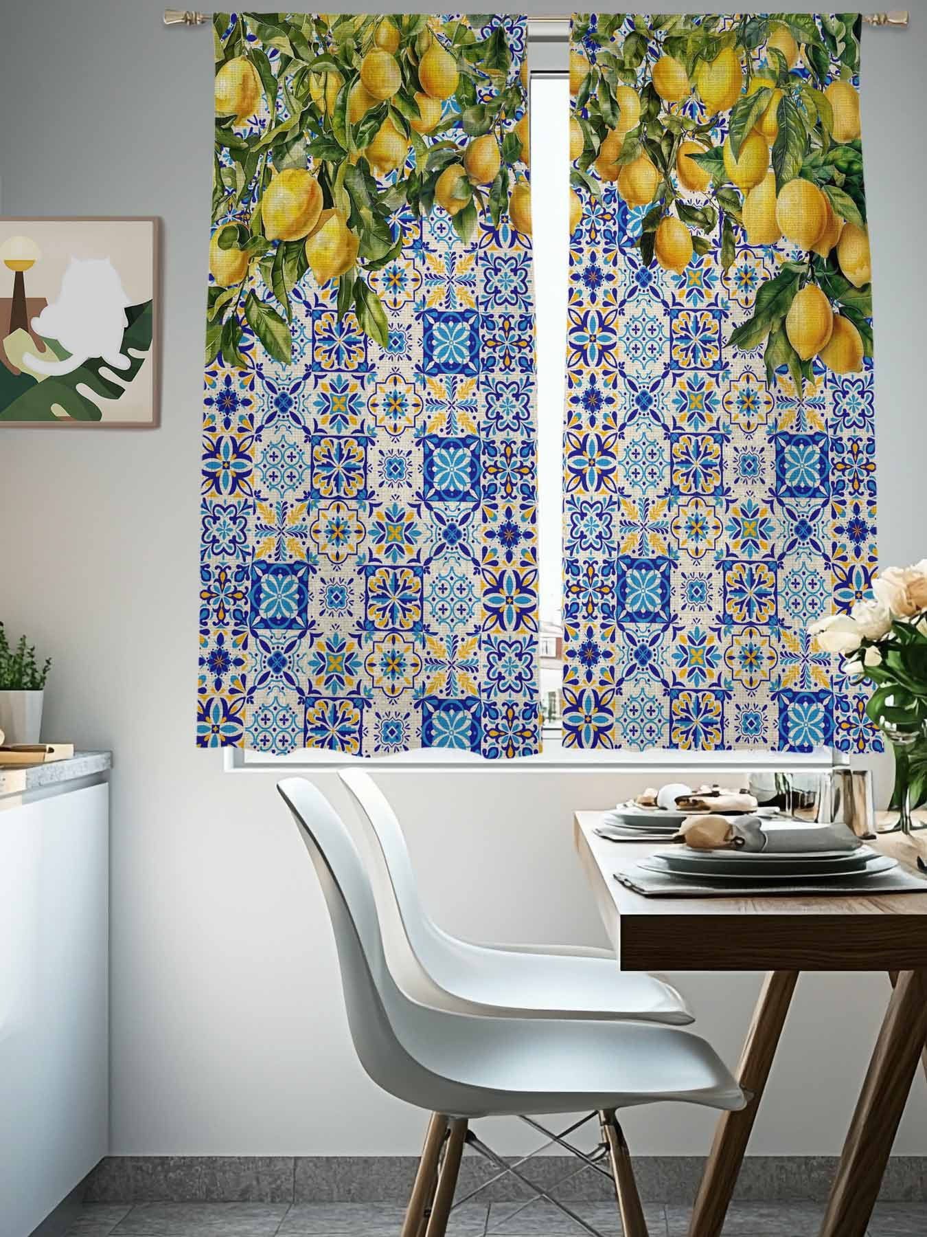 Lemons Sheer Curtains for Living Room Bedroom, National Style Summer Lemon Blue Floral Texture Linen Light Filtering Sheer Curtain Rod Pocket Voile Window Treaments Drapes, 52 x 63 Inches