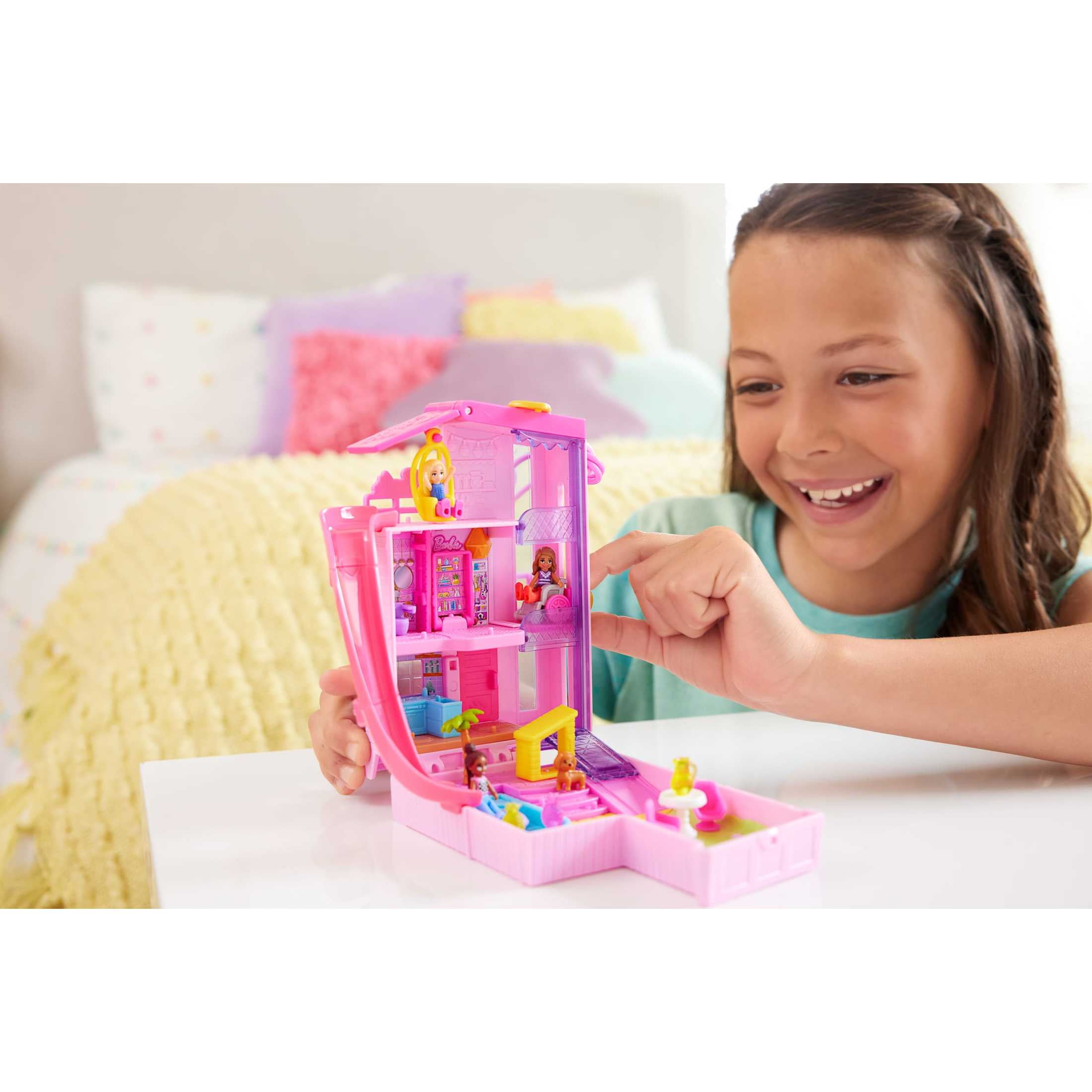 Polly Pocket Barbie Dreamhouse Compact, Dollhouse Playset with 3 Micro Dolls, 1 Pet & 11 Accessories
